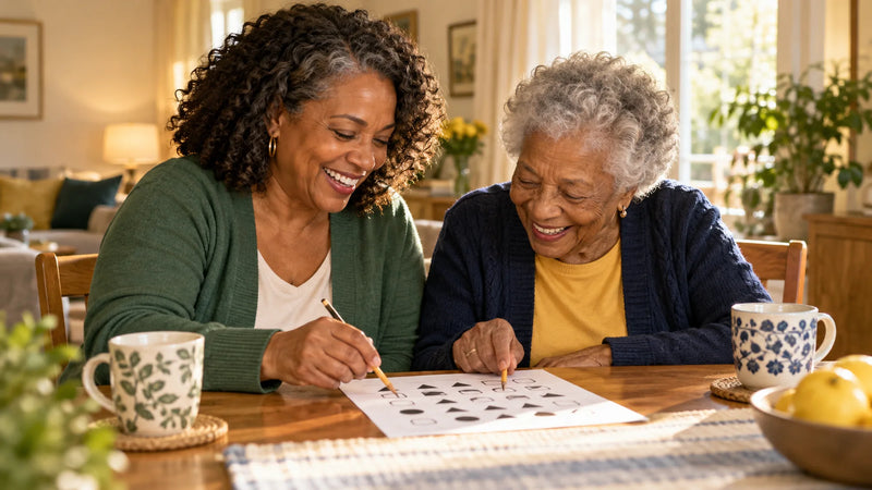 An adult daughter and her elderly mother laughing together over a printed activity page