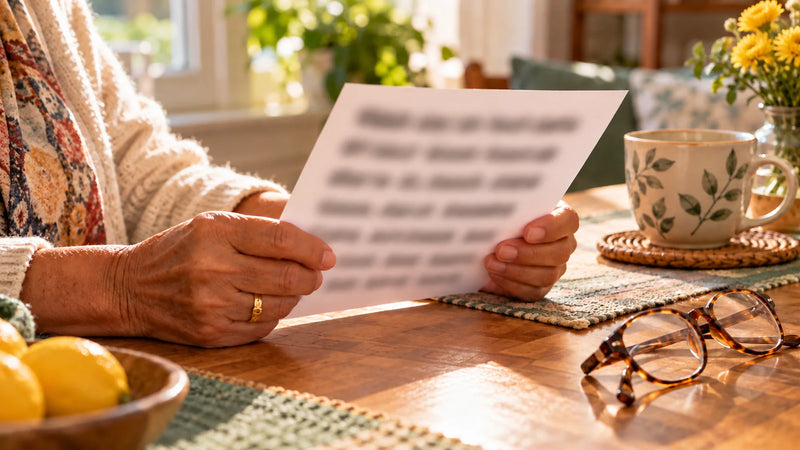 Close-up of an older woman's hands holding a large-print activity page in bright natural light
