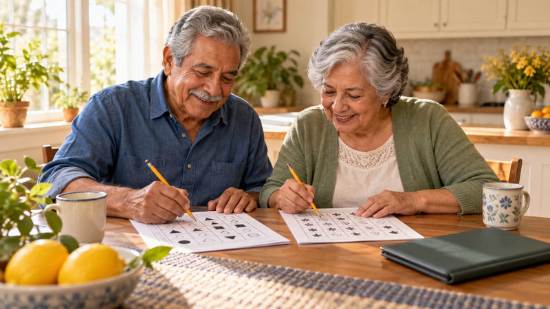 An elderly couple doing printed puzzles together at a kitchen table