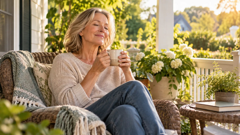 A middle-aged woman enjoying a quiet cup of tea on a porch in the morning
