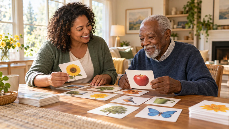 A caregiver and an elderly man sorting picture cards together at a table