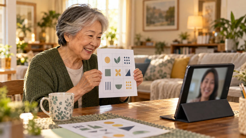 An older woman smiling during a video call on a tablet, holding up a printed activity page
