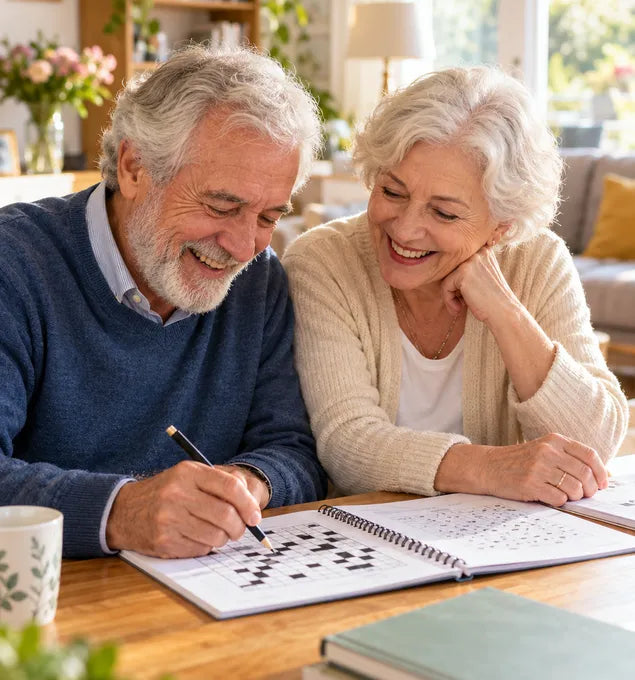 An older couple laughing while they complete a crossword in an activity book