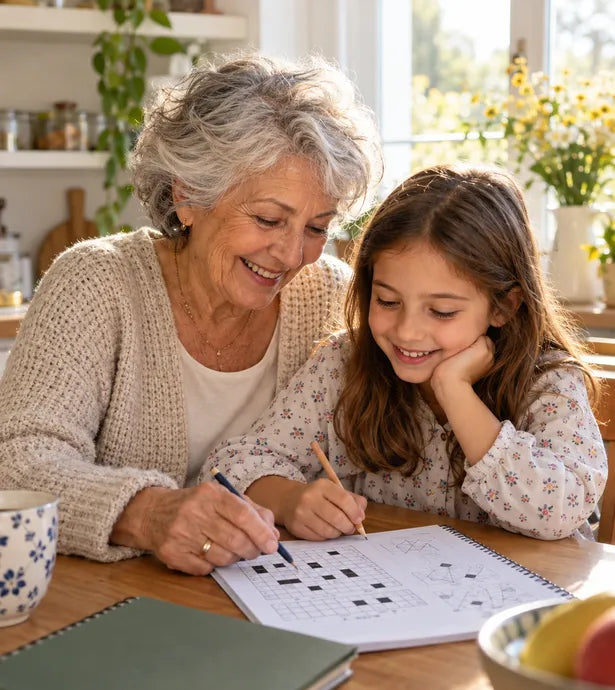 A grandmother and her grandson complete a page together