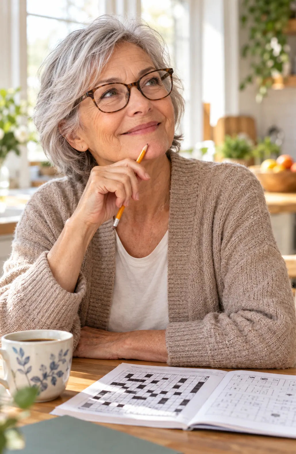 A smiling older woman thinks about an answer, pencil in hand, with an activity page on the table