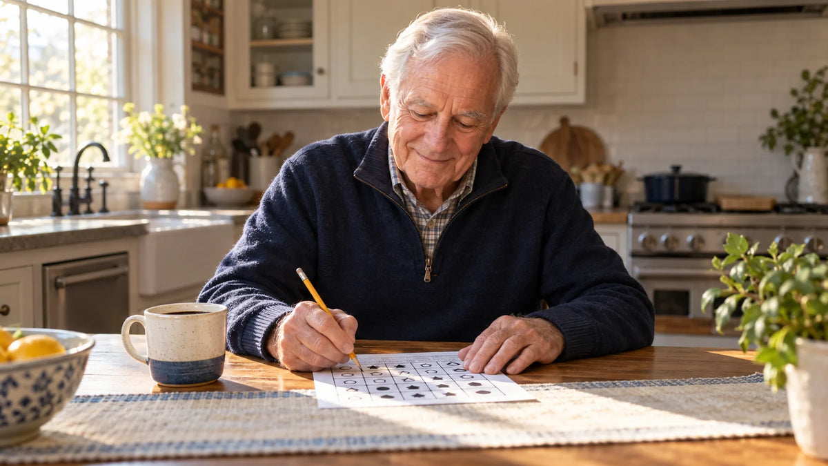 An older man doing a printed puzzle page at a sunny kitchen table with a cup of coffee