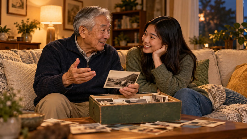 A grandfather telling a story to his teenage granddaughter while they look at old photos