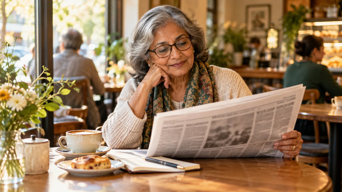 An older woman reading a newspaper at a café table with a notebook beside her