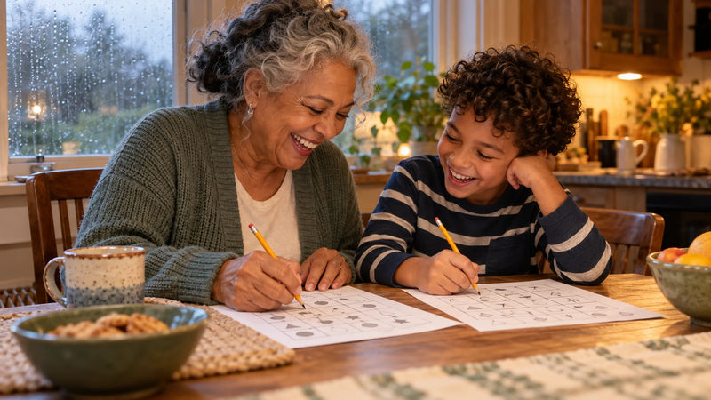 A grandmother and her young grandson laughing over a paper game at a kitchen table on a rainy day