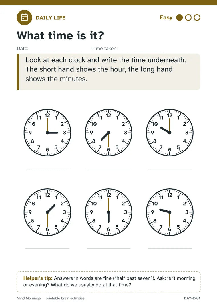 Sample page: What time is it?, Daily Life, Easy
